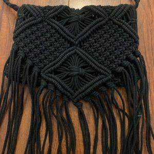 Braided strap black crochet fringe bag